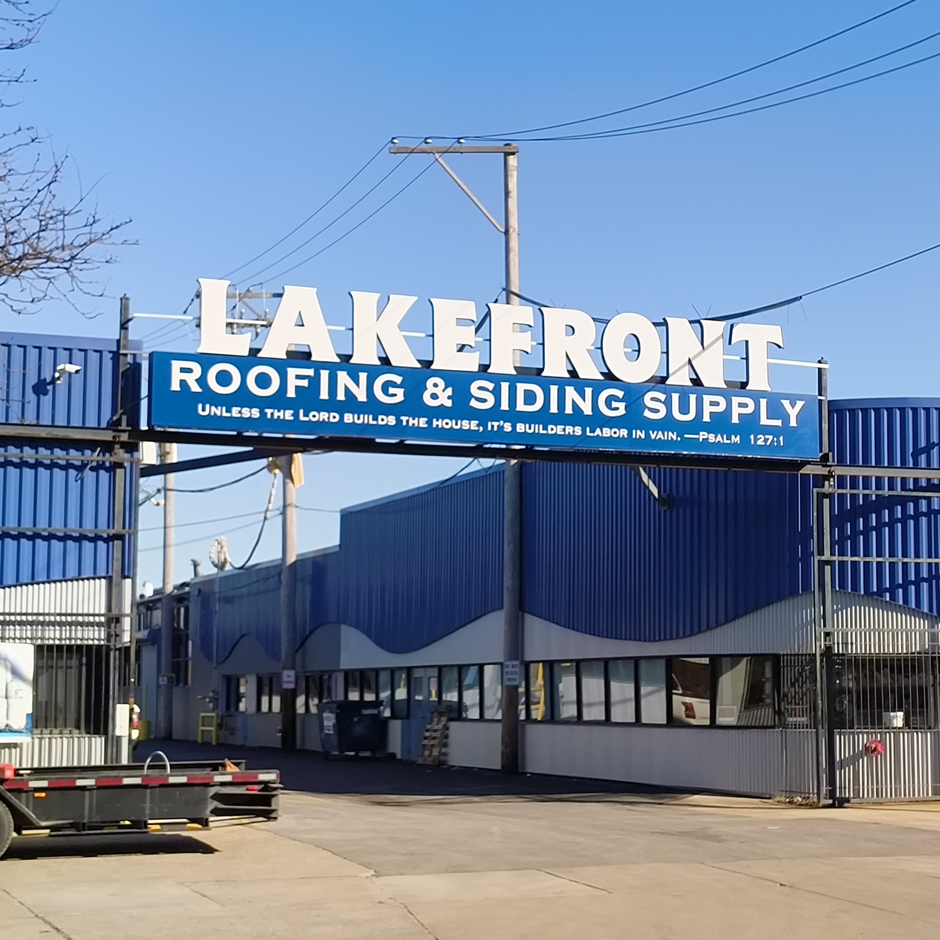 Entrance to Lakefront Roofing and Siding Supply at 3465 North Kimball Avenue in Chicago